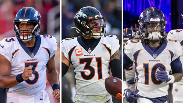 Russell Wilson, Justin Simmons, and Jerry Jeudy of the Denver Broncos.